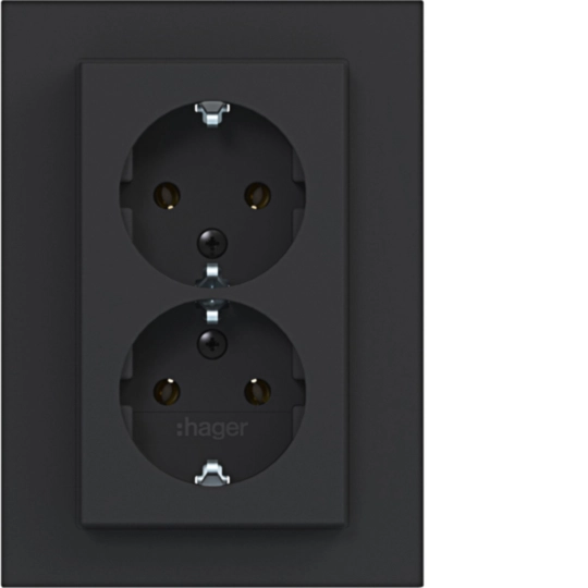 WAS2177BM - Doppelsteckdose SCHUKO mit Abdeckplatte, hoch, Steckklemmen, A.8, n.schwarz mt