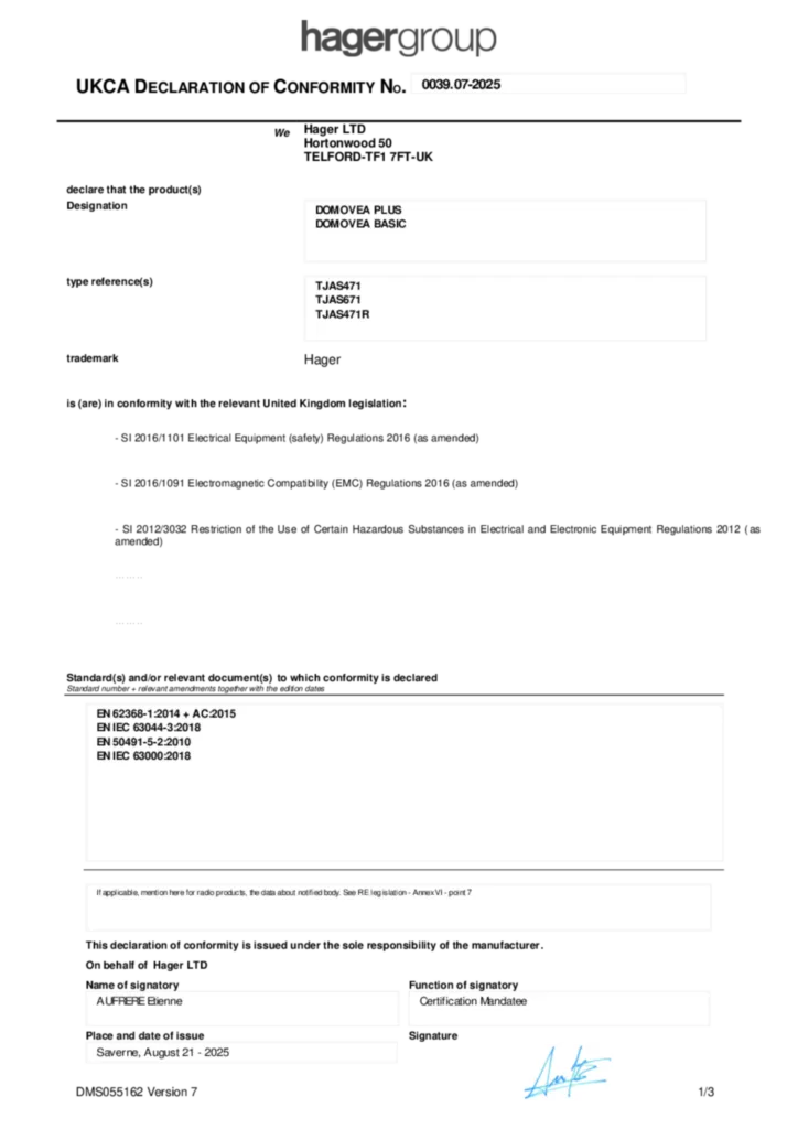 Zdjęcie Dane techniczne - Deklaracja zgodności en-GB 2025-08-21 | Hager Polska