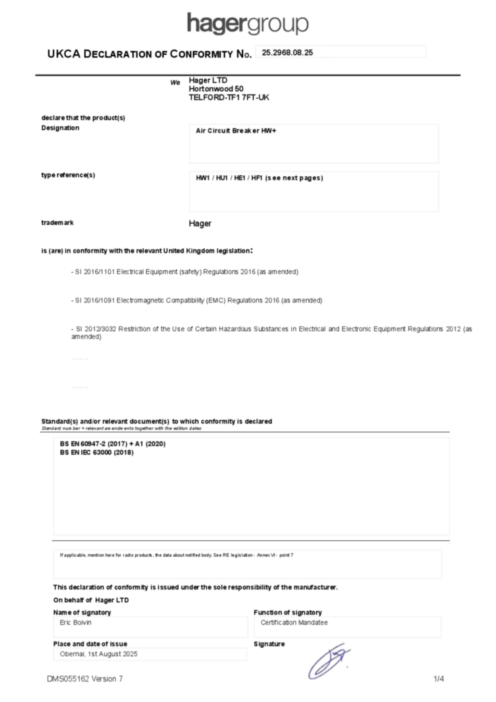 Bild UKCA DECLARATION OF CONFORMITY | Hager Sverige