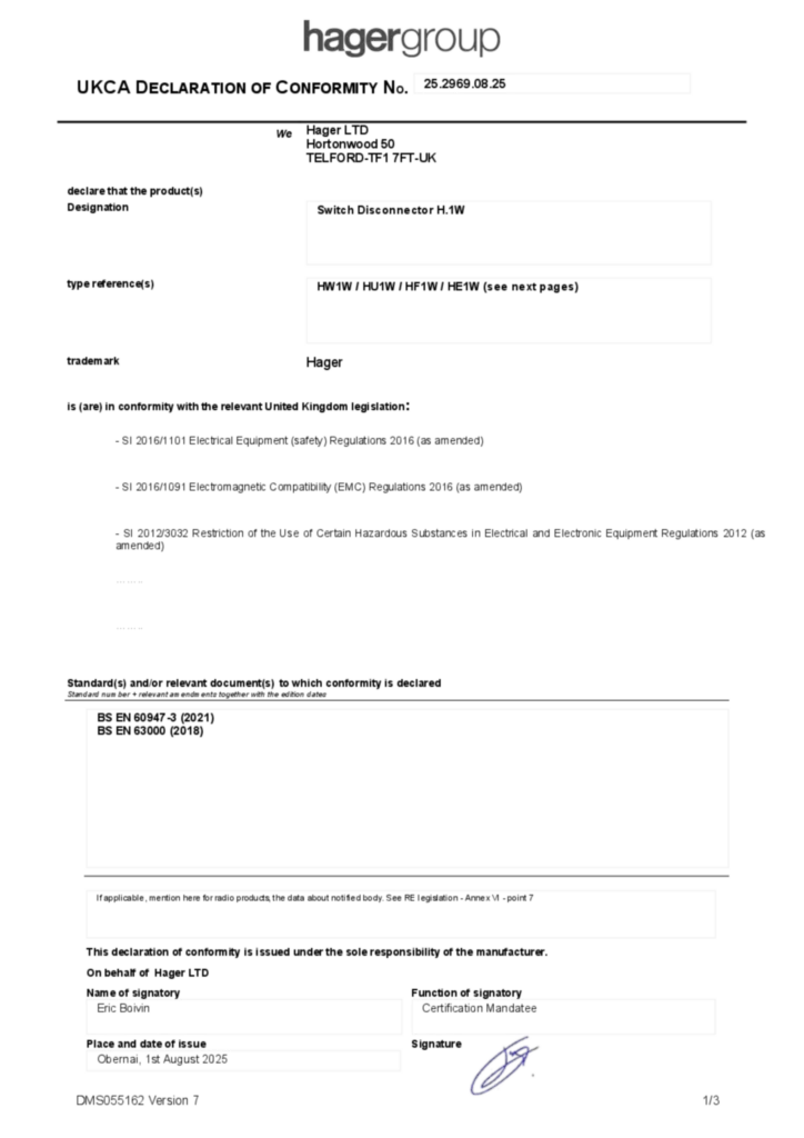 Bild UKCA DECLARATION OF CONFORMITY | Hager Sverige