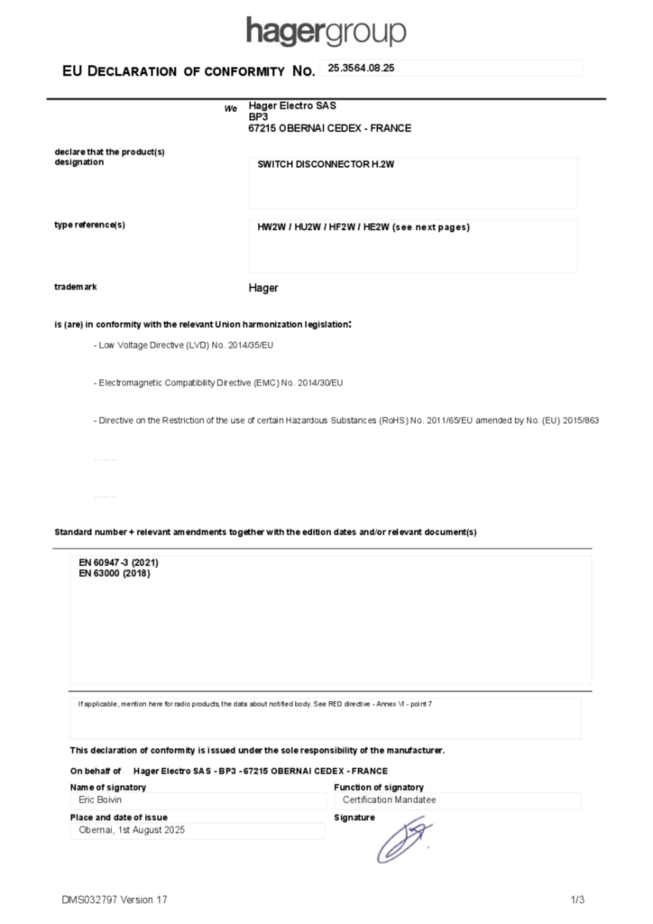 Image DÉCLARATION UE DE CONFORMITÉ | Hager Suisse