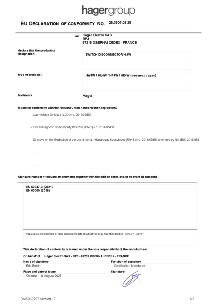 Bild EU DECLARATION OF CONFORMITY | Hager Sverige