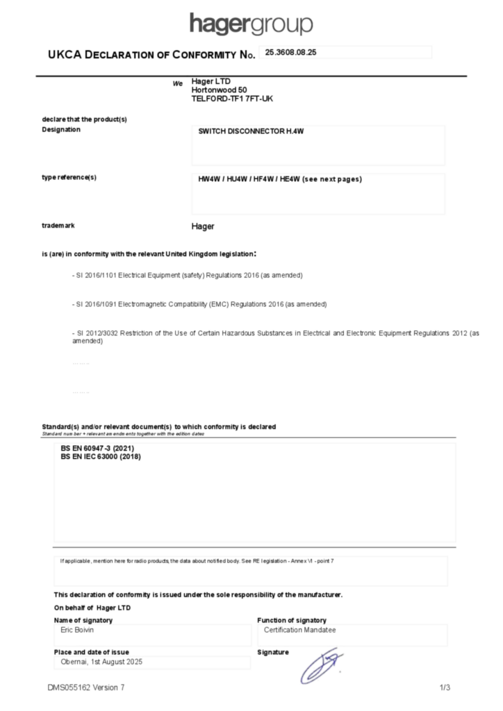 Bild UKCA DECLARATION OF CONFORMITY | Hager Sverige