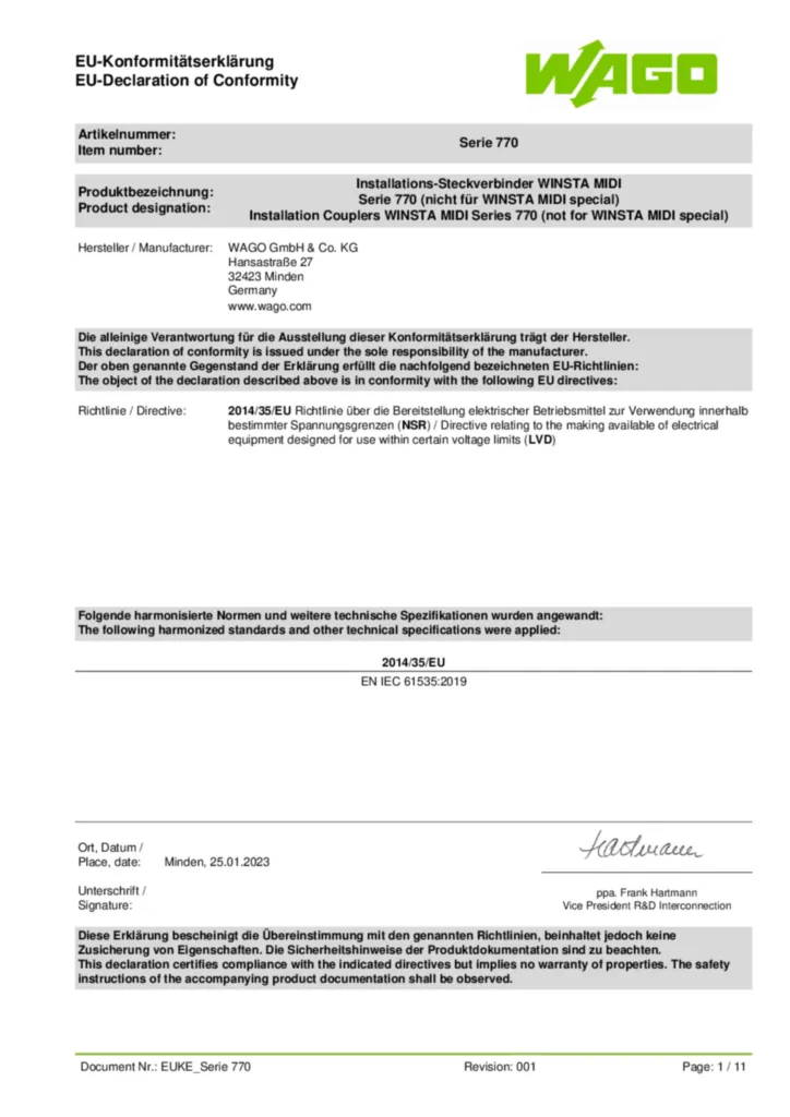 Bild EU Declaration Wago | Hager Deutschland