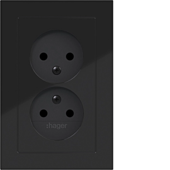 WAS5470BG - Dubbele wandcontactdoos zonder randaarde, vlak, A.1, zwart glanzend