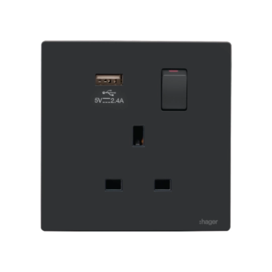 WGFS113S1USBKB - 13A SINGLE SWITCHED SOCKET + 1 USB Charger,KNIGHT BLACK