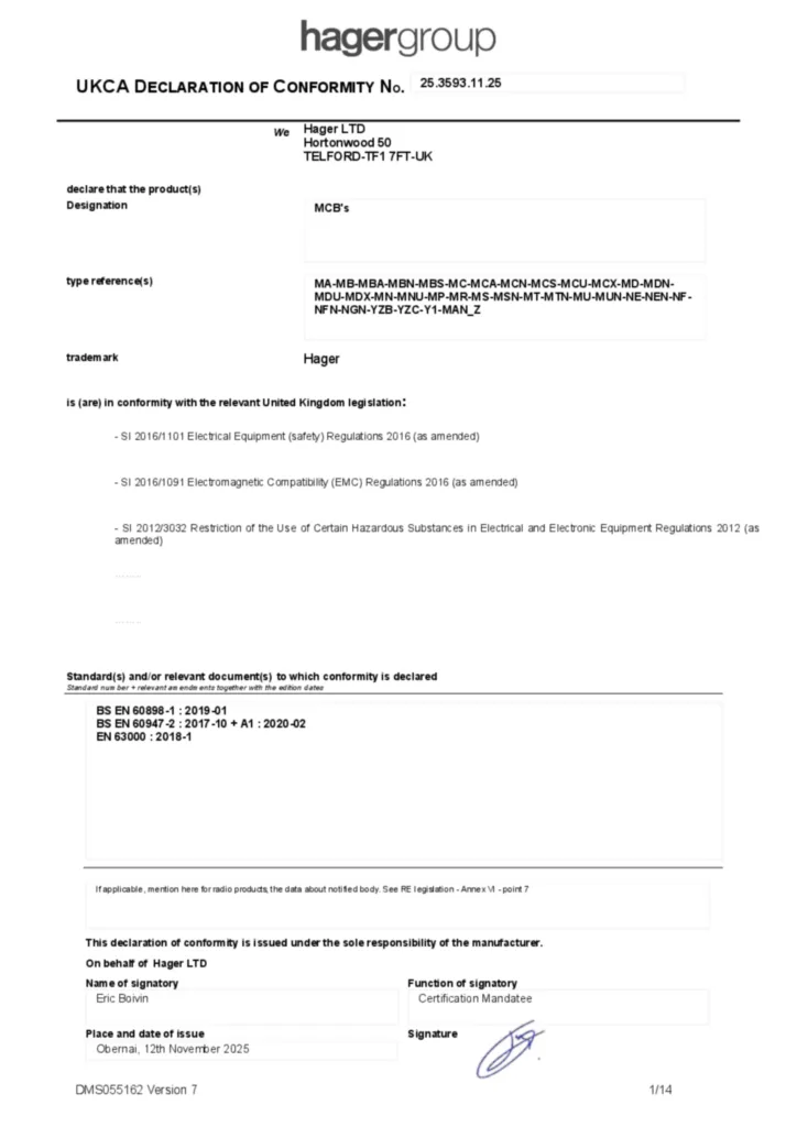 Image UKCA Declaration of Conformity  | Hager Africa