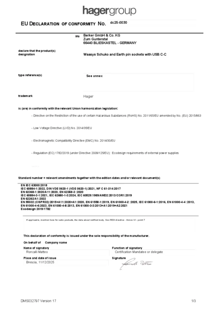 Immagine Dichiarazione di conformità en-GB 2025-12-12 | Hager Italia