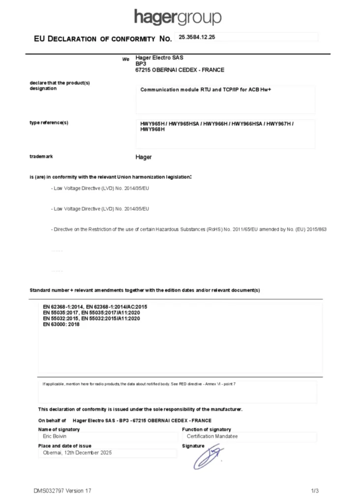 Immagine Dichiarazione di conformità en-GB 2025-12-12 | Hager Italia