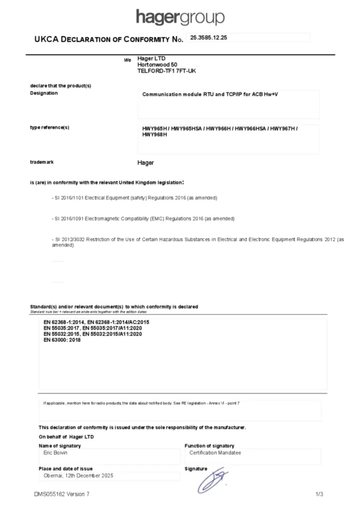 Immagine Dichiarazione di conformità en-GB 2025-12-12 | Hager Italia