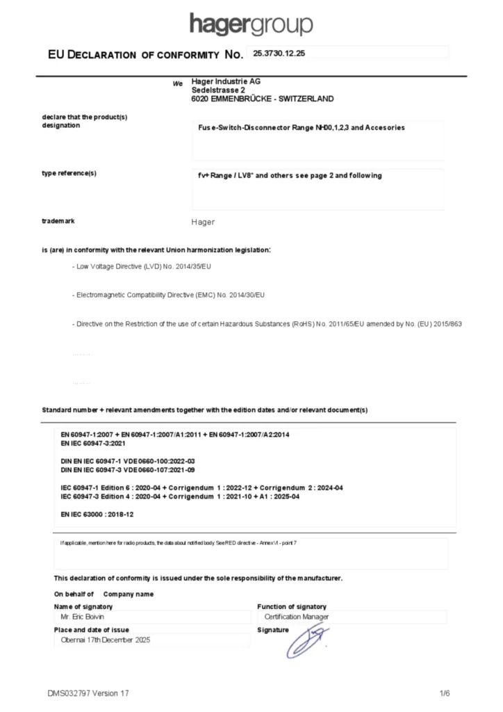 Bild Konformitätserklärung en-GB 2025-12-17 | Hager Schweiz