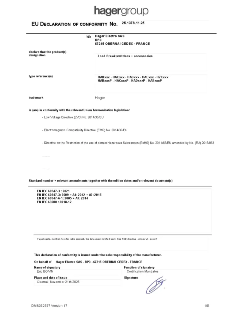 Image EU Declaration of conformity  | Hager Africa