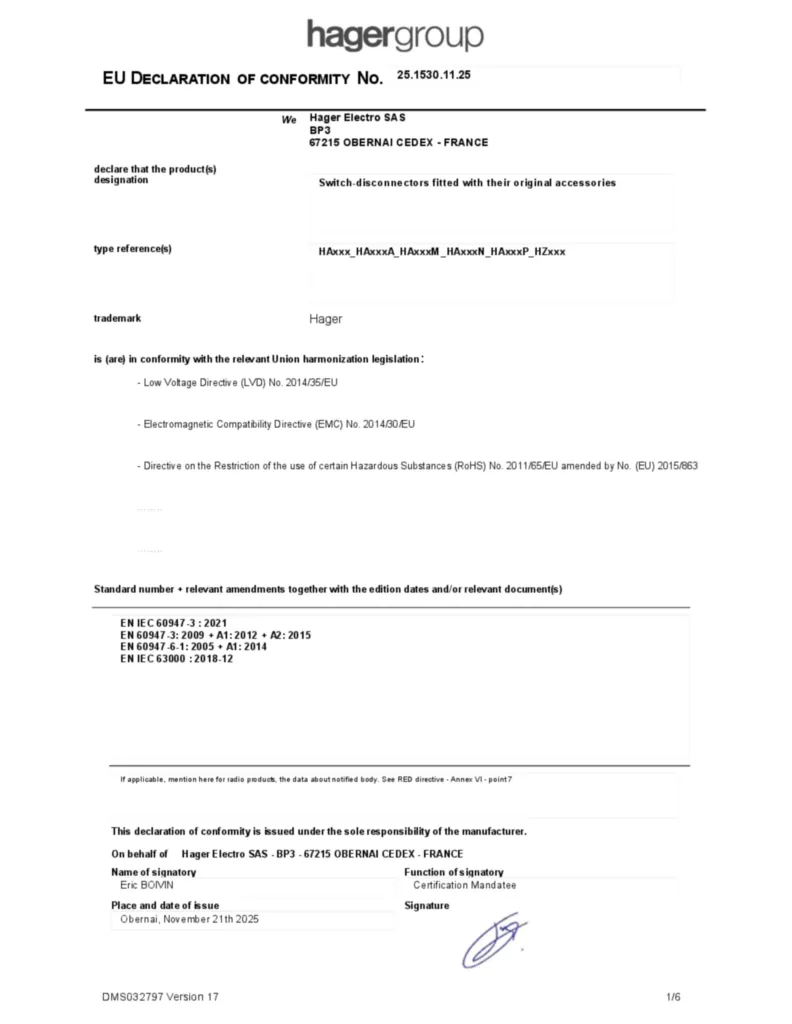 Image EU Declaration of Conformity  | Hager Africa