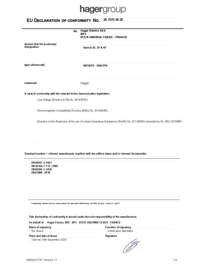 Afbeelding Conformiteitsverklaring en-GB 2025-09-09 | Hager Nederland