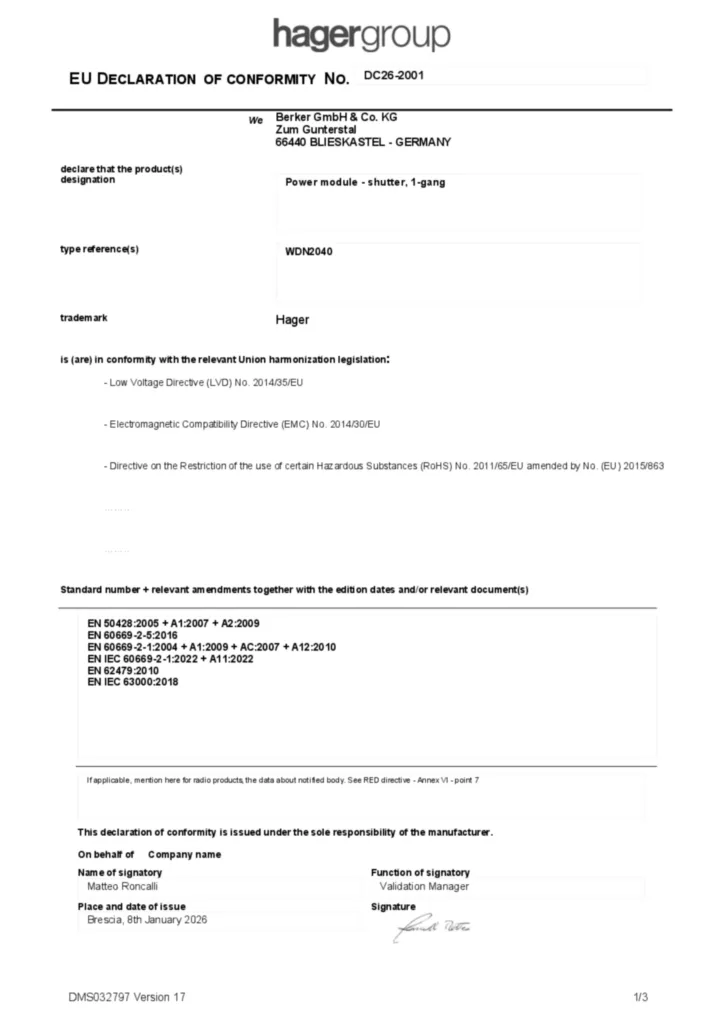 Immagine Dichiarazione di conformità en-US 2026-01-08 | Hager Italia