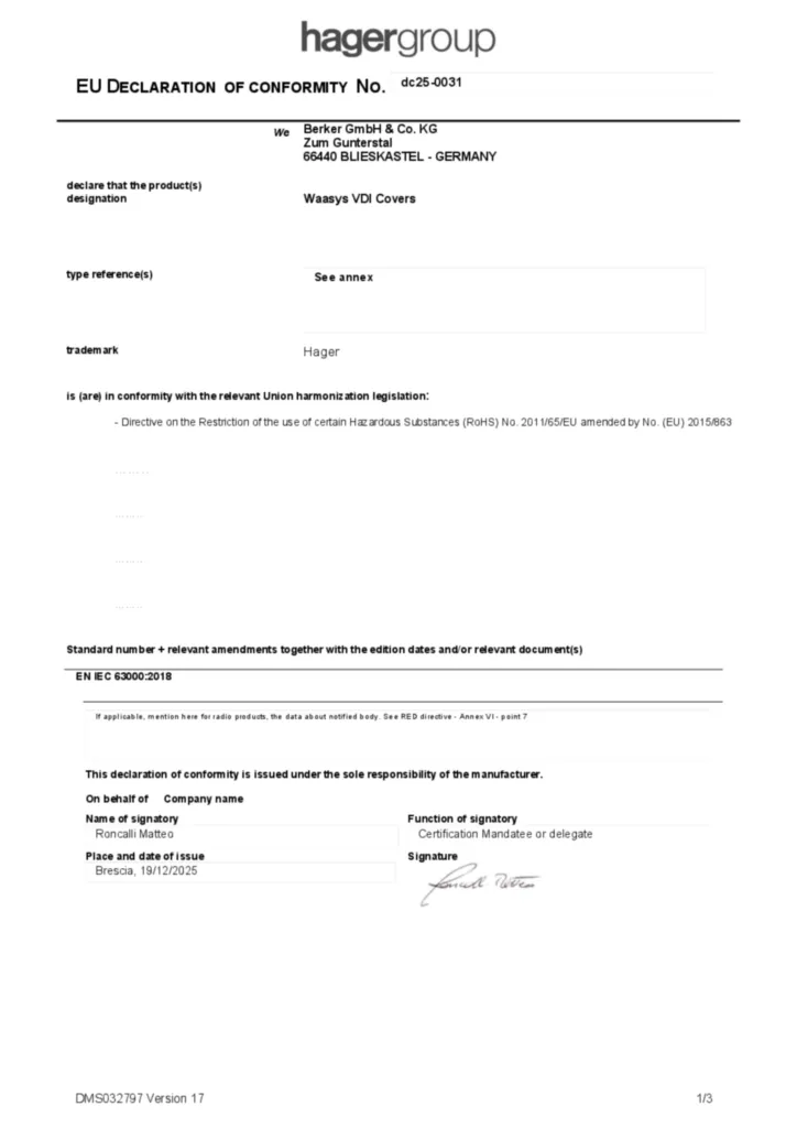 Immagine Dichiarazione di conformità en-GB 2026-01-16 | Hager Italia