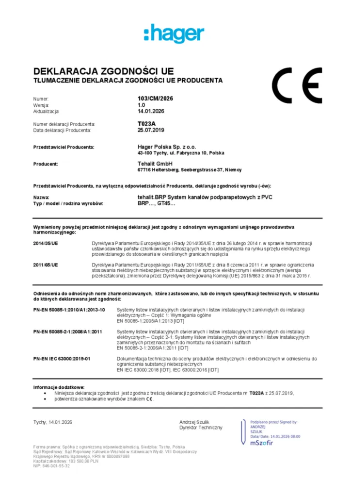 Zdjęcie Dane techniczne - Deklaracja zgodności pl-PL 2026-01-14 | Hager Polska