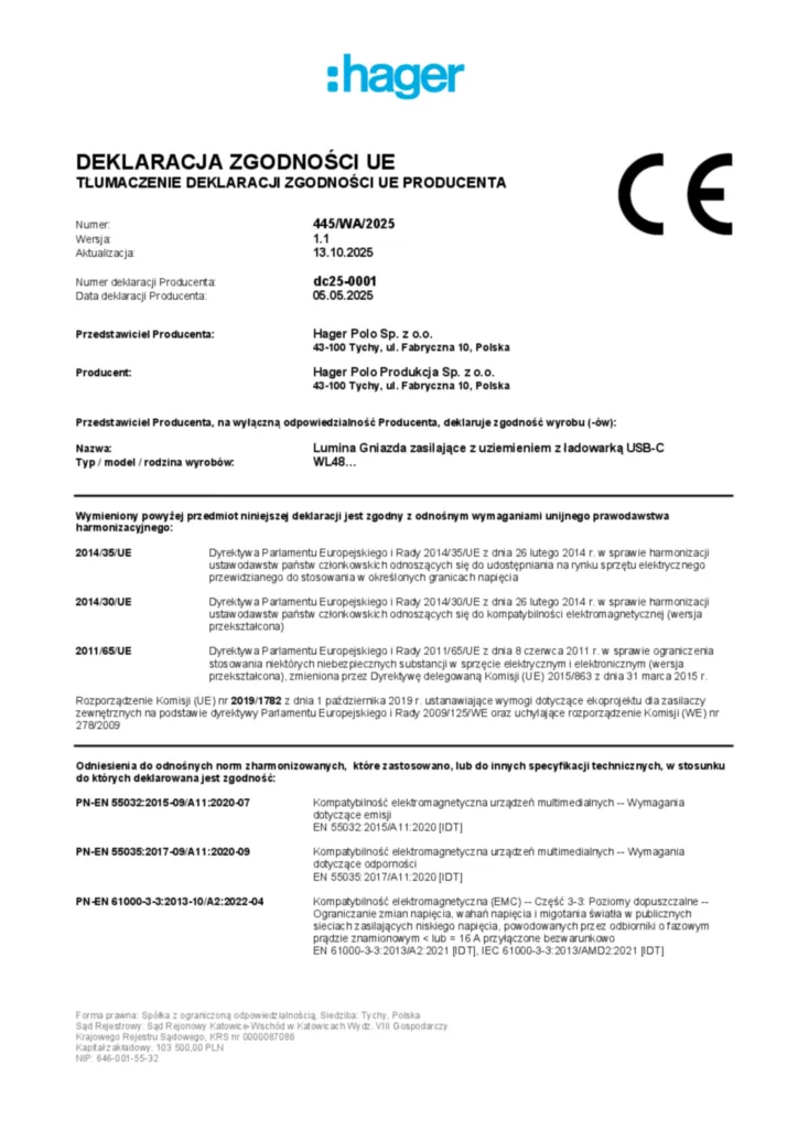 Zdjęcie Dane techniczne - Deklaracja zgodności pl-PL 2025-10-12 | Hager Polska