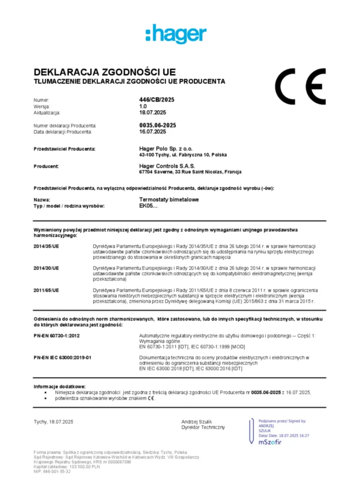 Zdjęcie Dane techniczne - Deklaracja zgodności pl-PL 2025-07-18 | Hager Polska