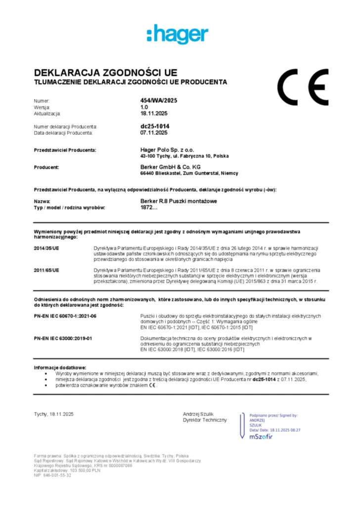 Zdjęcie Dane techniczne - Deklaracja zgodności pl-PL 2025-11-18 | Hager Polska