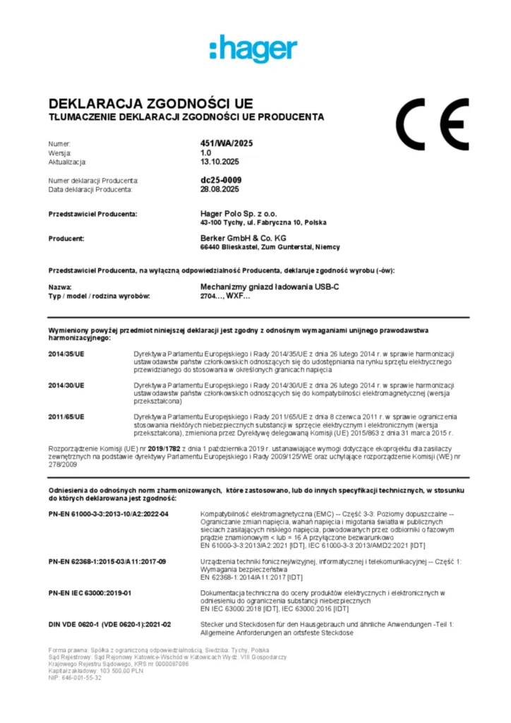 Zdjęcie Dane techniczne - Deklaracja zgodności pl-PL 2025-10-12 | Hager Polska