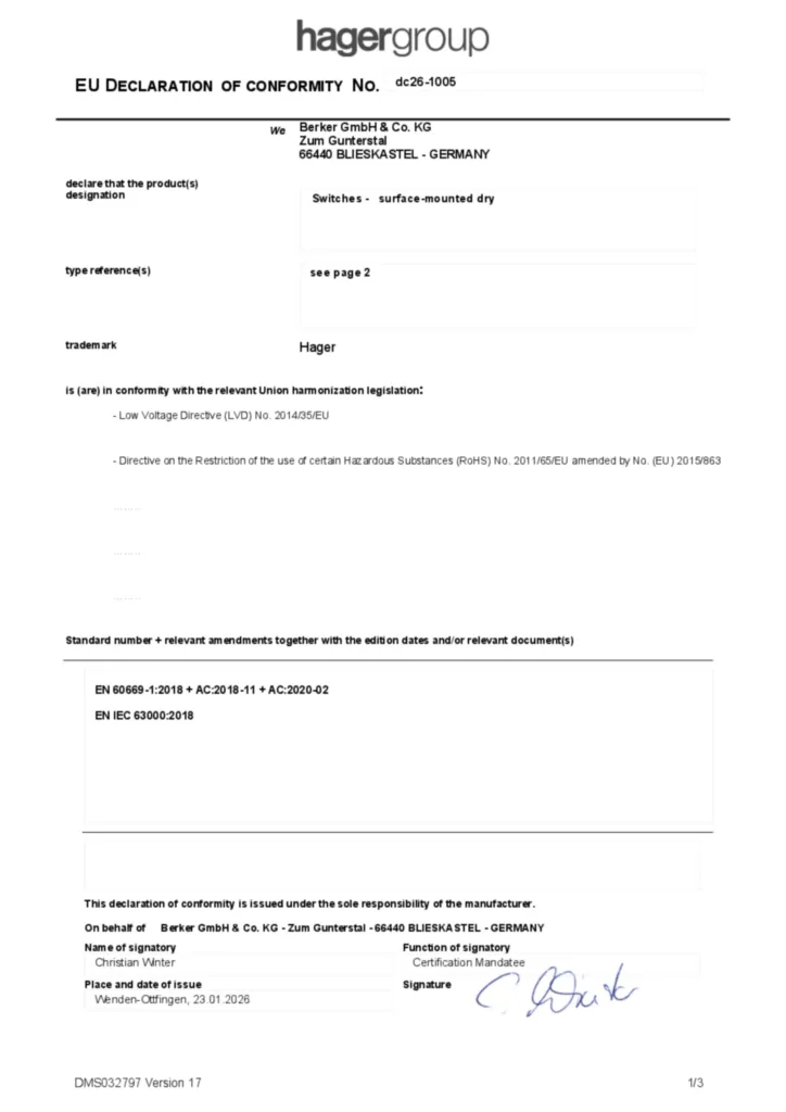 Afbeelding Conformiteitsverklaring en-GB 2026-01-26 | Hager Nederland