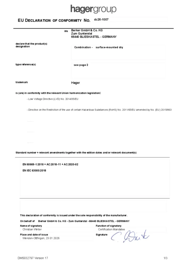 Afbeelding Conformiteitsverklaring en-GB 2026-01-26 | Hager Nederland