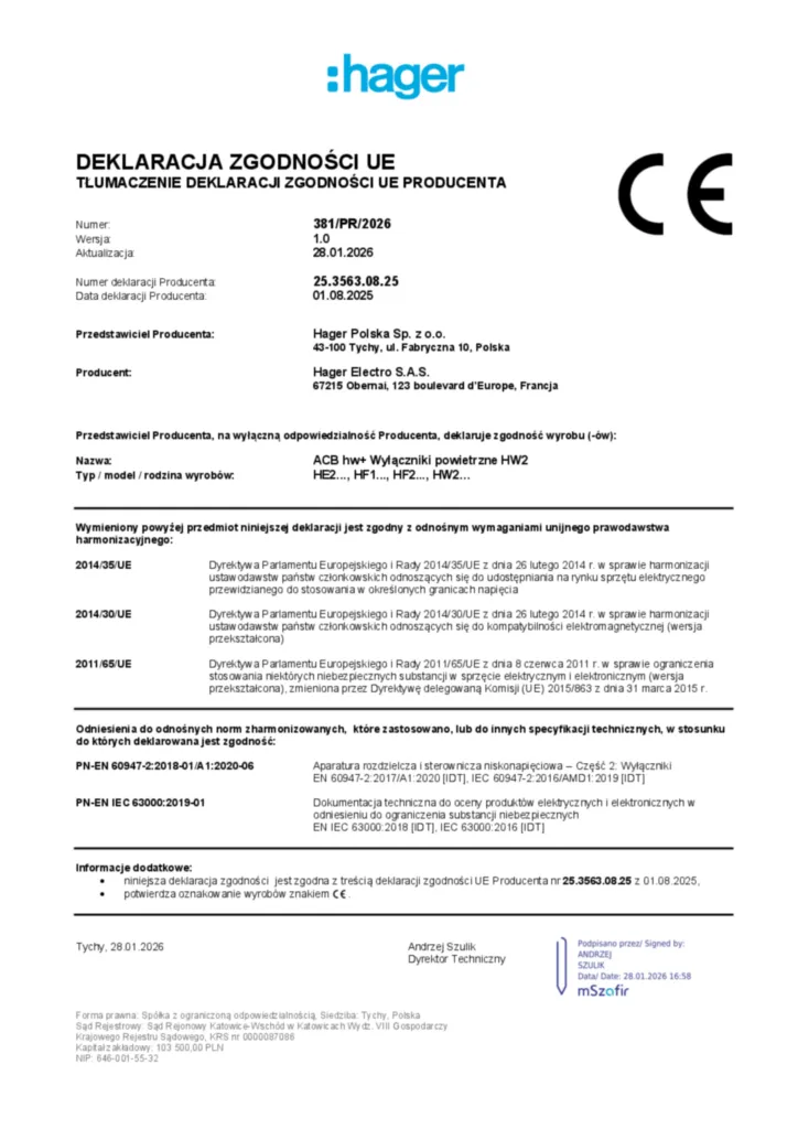 Zdjęcie Dane techniczne - Deklaracja zgodności pl-PL 2026-01-28 | Hager Polska