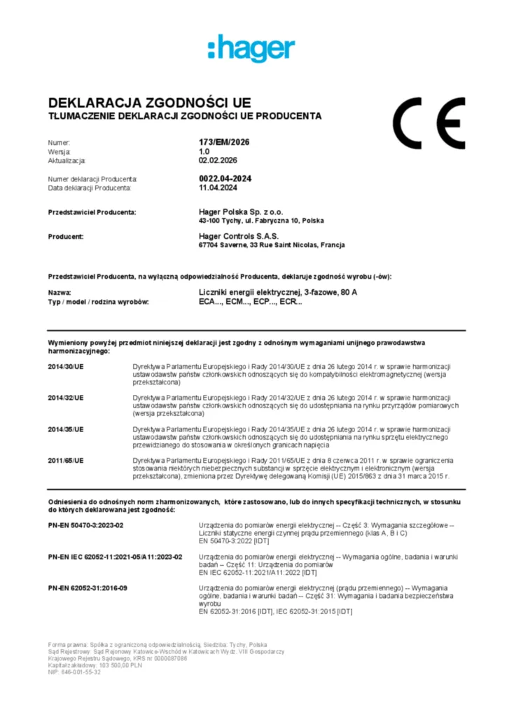 Zdjęcie Dane techniczne - Deklaracja zgodności pl-PL 2026-02-02 | Hager Polska