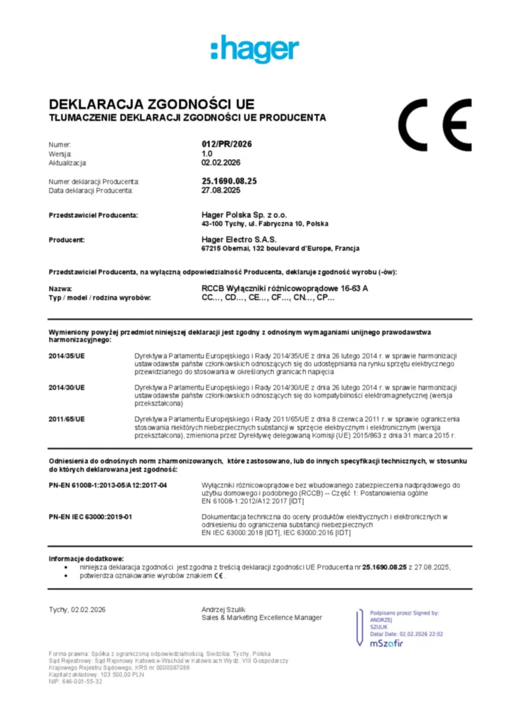 Zdjęcie Dane techniczne - Deklaracja zgodności pl-PL 2026-02-02 | Hager Polska