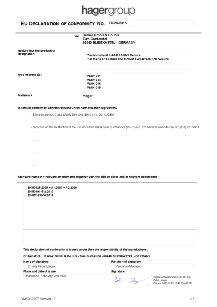 Bild EU Declaration of Conformity | Hager Deutschland