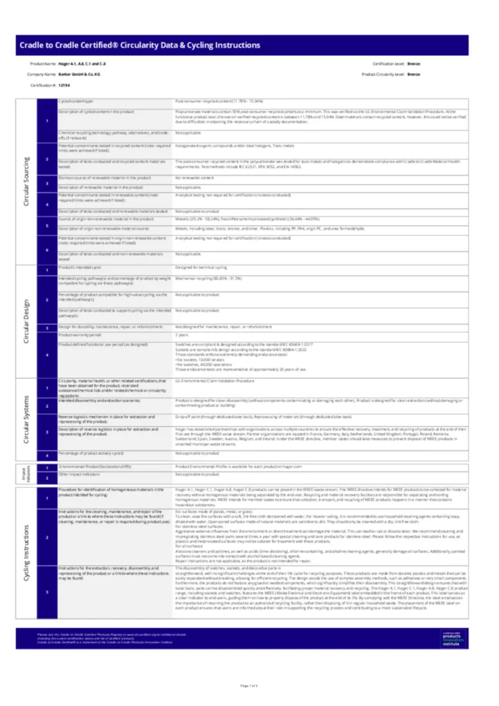 Bild C2C Certified® Circularity Data & Cycling Instructions Hager A.1, A.8, C.1 and C.8 | Hager Deutschland