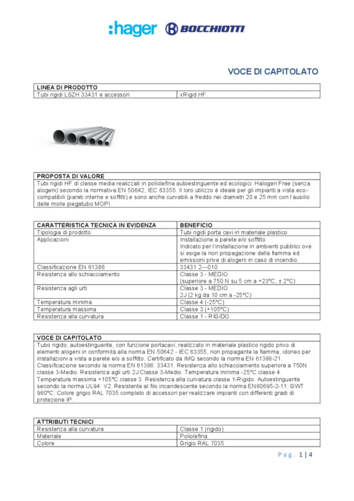 Immagine Voce di capitolato tubi rigidi LSZH 33431 IRLHF | Hager Italia