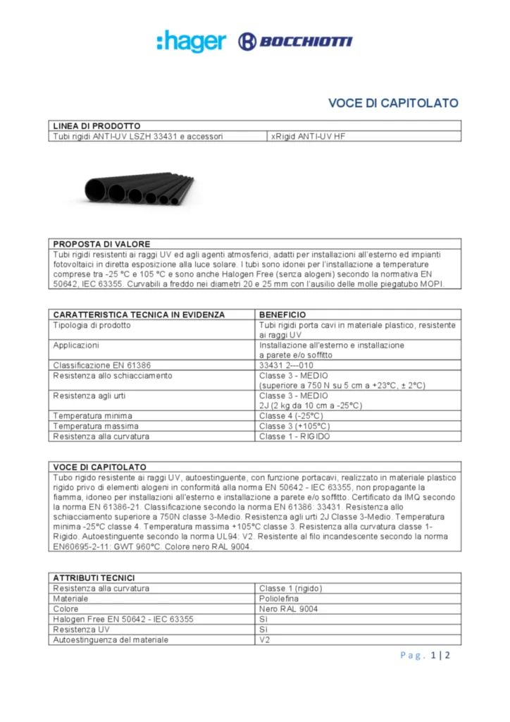 Immagine Voce di capitolato tubi rigidi ANTI-UV LSZH 33431 IRLHF | Hager Italia