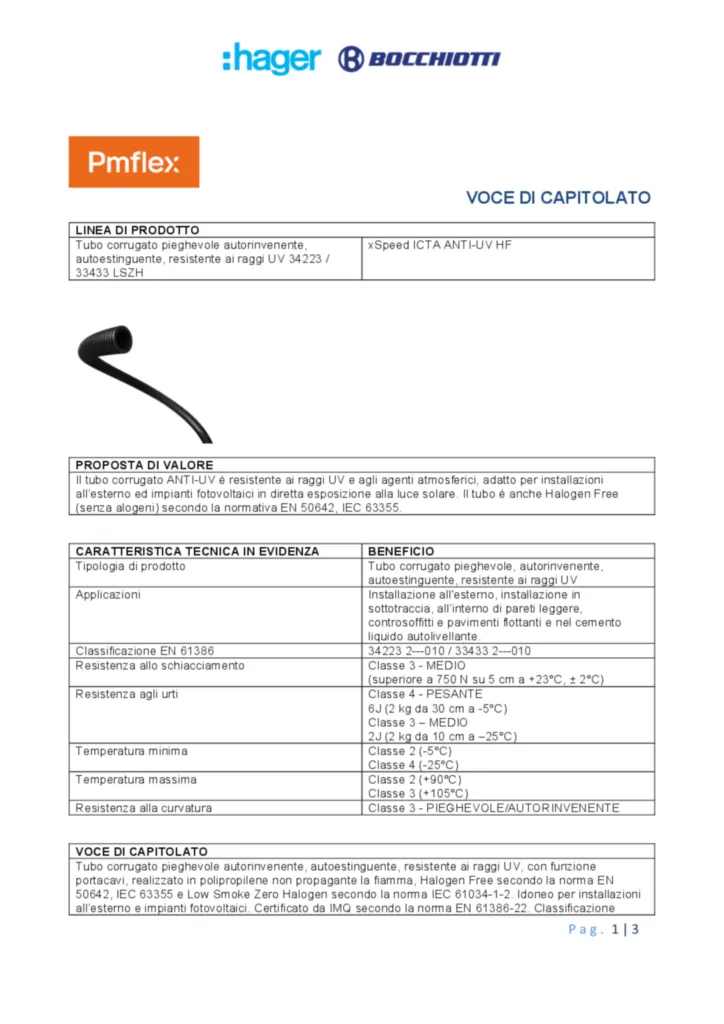 Immagine Voce di capitolato tubo corrugato pieghevole autorinvenente, autoestinguente, resistente ai raggi UV 34223 / 33433 LSZH xSpeed ICTA ANTI-UV HF | Hager Italia