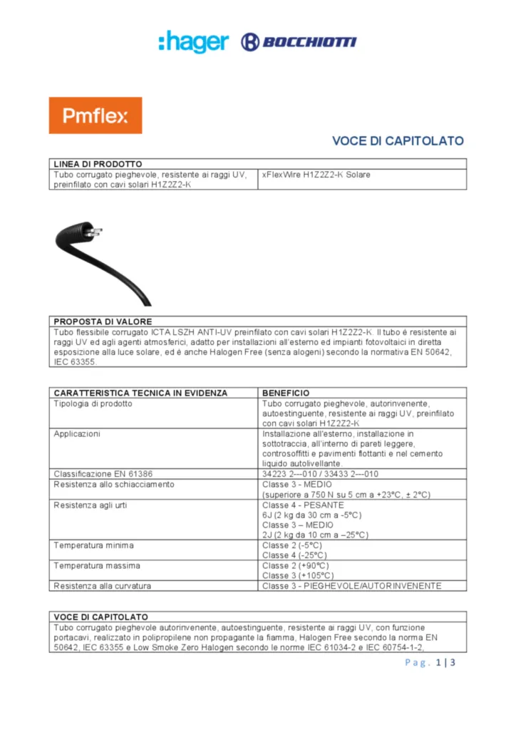 Immagine Voce di capitolato tubo corrugato pieghevole, resistente ai raggi UV, preinfilato con cavi solari H1Z2Z2-K xFlexWire H1Z2Z2-K Solare | Hager Italia