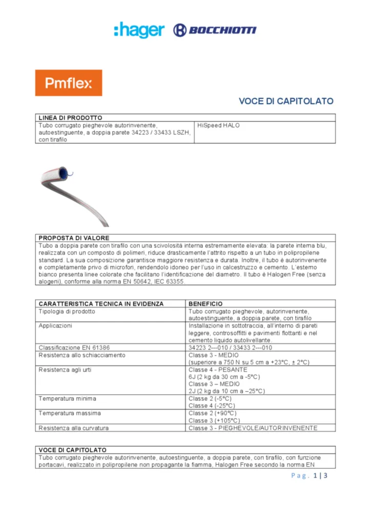 Immagine Voce di capitolato tubo corrugato pieghevole autorinvenente, autoestinguente, a doppia parete 34223 / 33433 LSZH, con tirafilo HiSpeed HALO | Hager Italia
