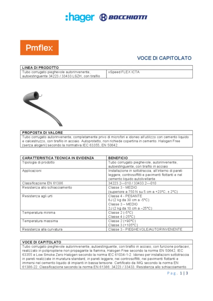 Immagine Voce di capitolato tubo corrugato pieghevole autorinvenente, autoestinguente 34223 / 33433 LSZH, con tirafilo xSpeed FLEX ICTA | Hager Italia