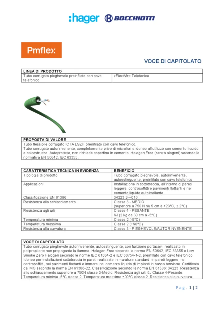 Immagine Voce di capitolato tubo corrugato pieghevole preinfilato con cavo telefonico xFlexWire Telefonico | Hager Italia