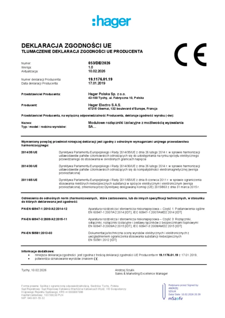 Zdjęcie Dane techniczne - Deklaracja zgodności pl-PL 2026-02-10 | Hager Polska
