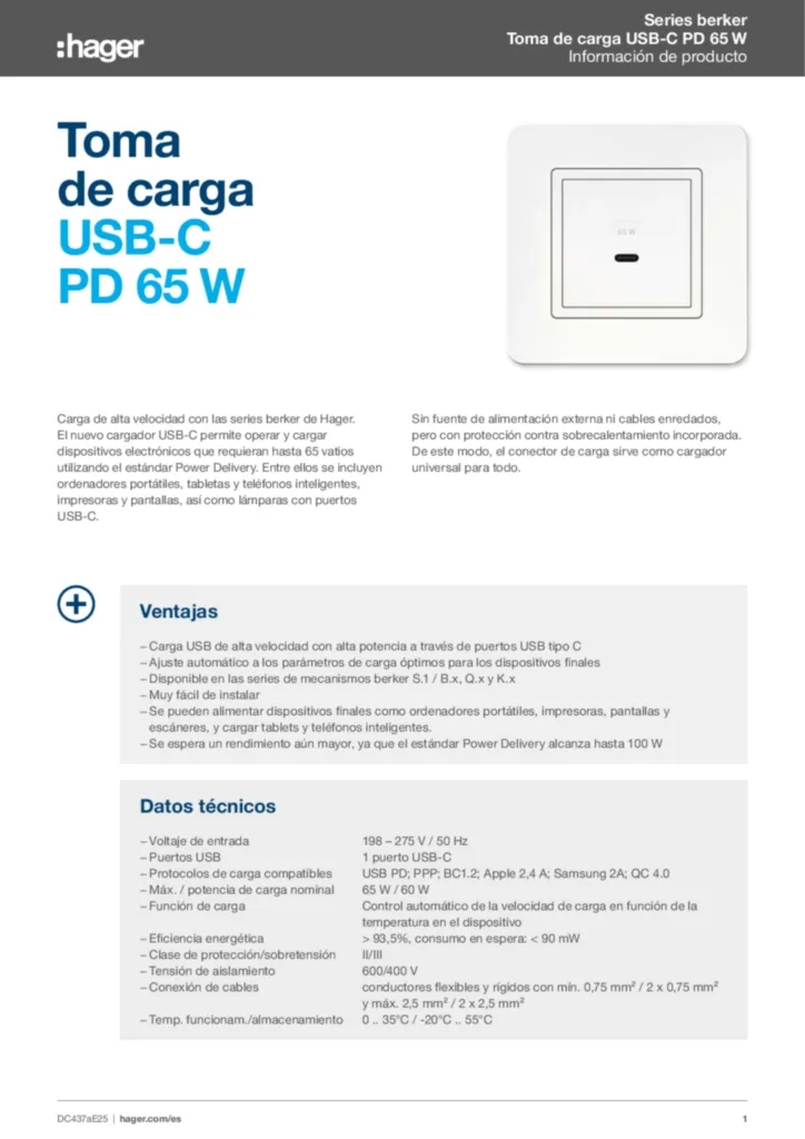 Imagen Información de producto mecanismos series berker S-B-K-Q-USB-C | Hager España