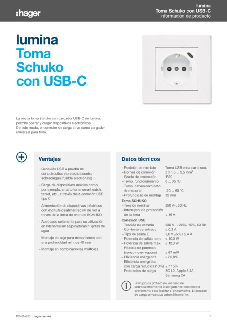 Imagen Información de producto lumina SCHUKO USB-C | Hager España