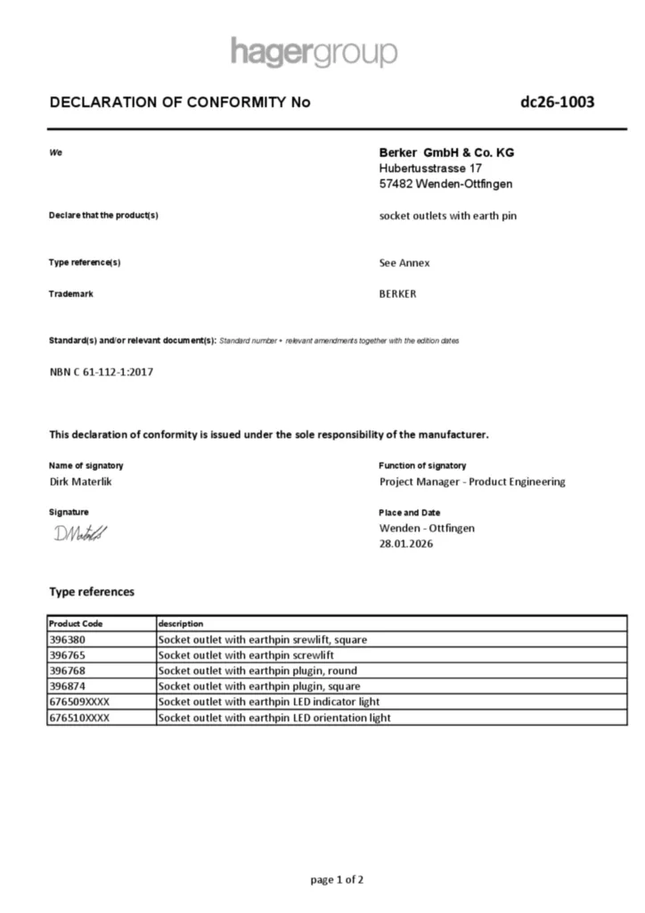 Afbeelding dc26-1003_declaration of conformity for socket outlets with earthpin Belgium_Cebec | Hager Belgium