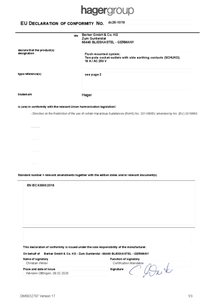 Imagen Declaración de conformidad en-GB 2026-02-12 | Hager España