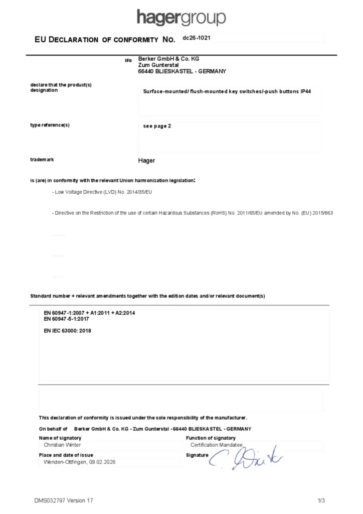 Immagine Dichiarazione di conformità en-GB 2026-02-12 | Hager Italia