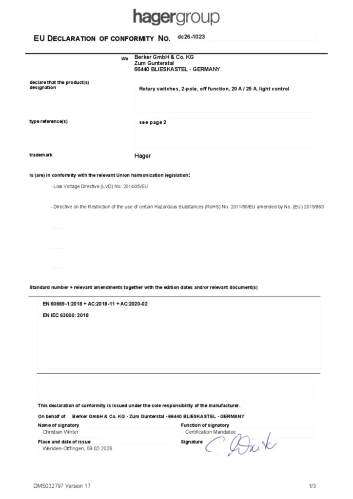 Afbeelding Conformiteitsverklaring en-GB 2026-02-12 | Hager Nederland