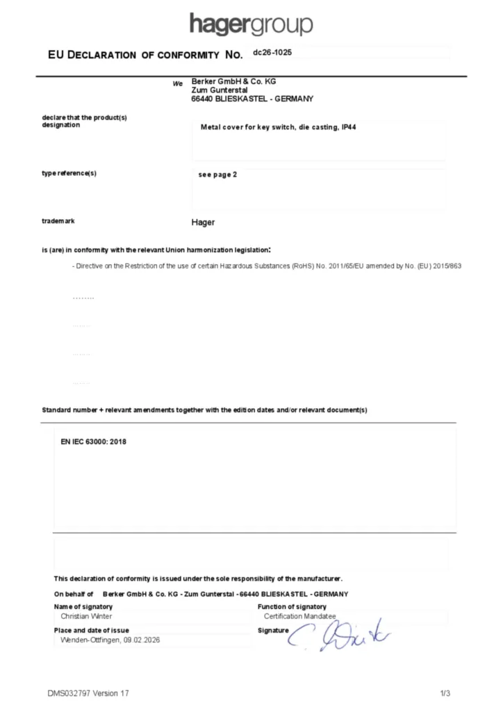 Immagine Dichiarazione di conformità en-GB 2026-02-12 | Hager Italia