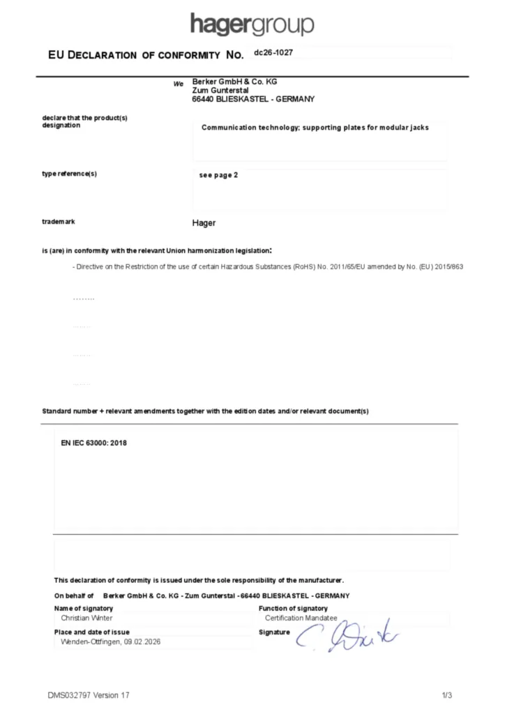 Bild Konformitätserklärung en-GB 2026-02-16 | Hager Deutschland