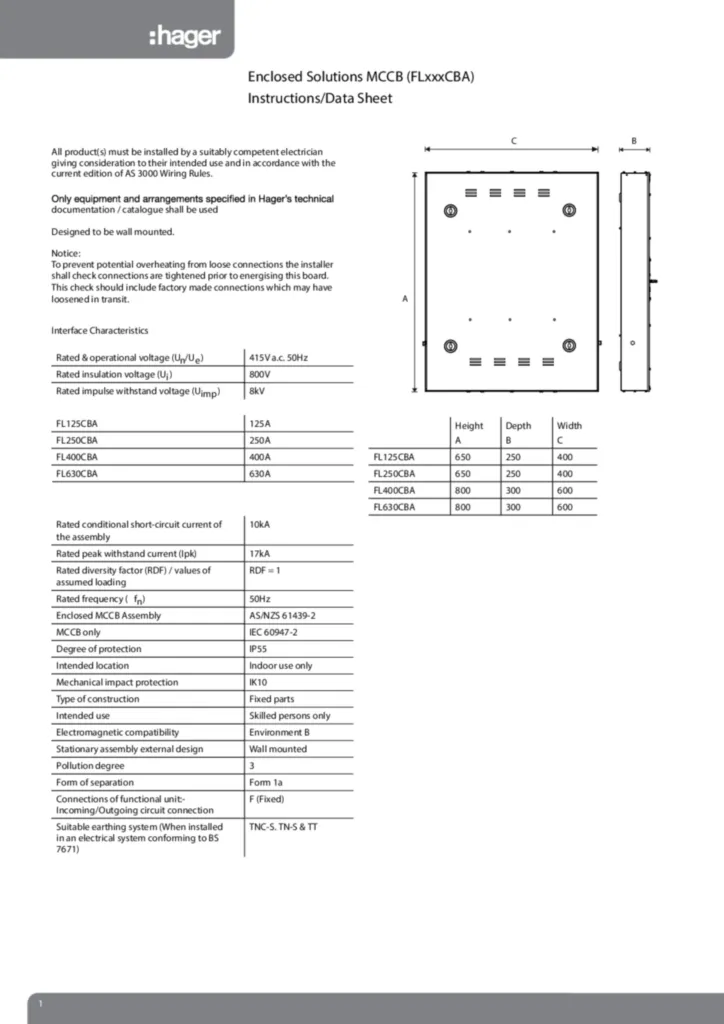 Image Enclosed Solutions MCCB Data Sheet  | Hager Australia