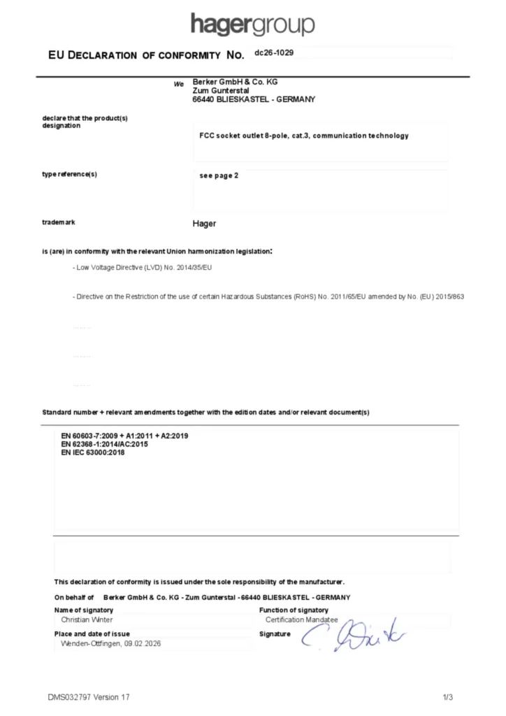 Bild Konformitätserklärung en-GB 2026-02-18 | Hager Deutschland